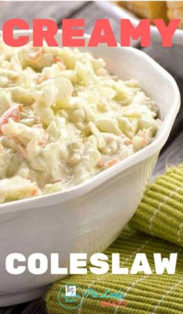 The secret to the great flavor in this best creamy coleslaw recipe is onion. Green cabbage, chopped onion and carrots combine with your favorite salad dressing. BIG flavor and a crowd pleaser every time!