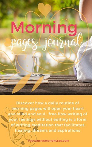 cover of morning pages workbook shows a woman on a dock looking out over water and greenery in the background a cup of coffee and journal beside her to the left