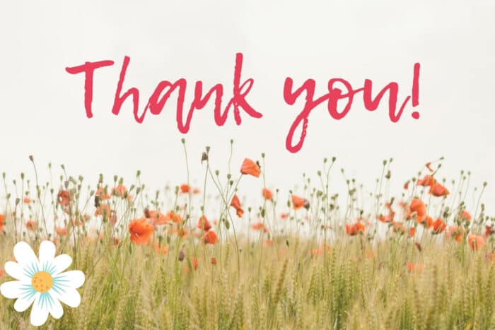 field of wildflowers with a large white daisy and the words thank you in pink script