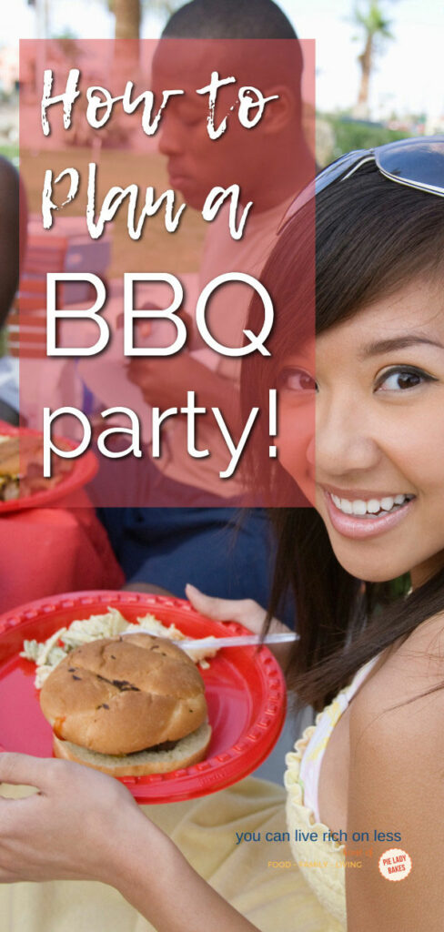 young smiling woman side view, enjoying a bbq meal outdoors with her friends, text on image is white on a red background and reads how to plan a bbq party