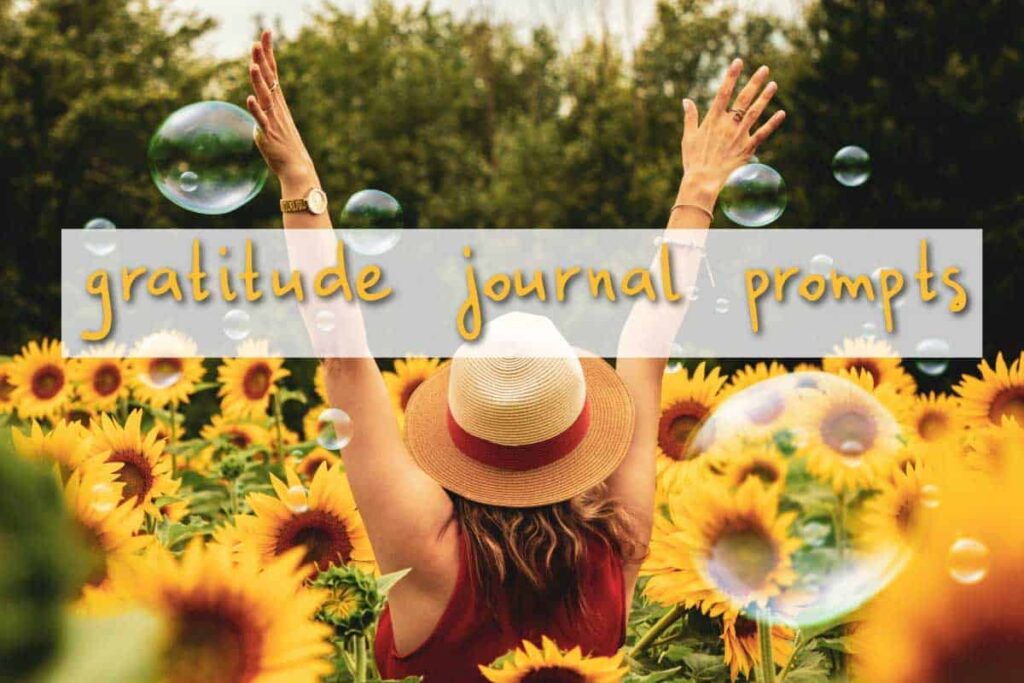 field of sunflowers, woman in white straw hat and dark orange dress with arms flung upwards to the sky text reads gratitude journal prompts on white box background